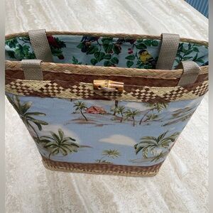 Handmade straw and cloth tropical tote with long straps